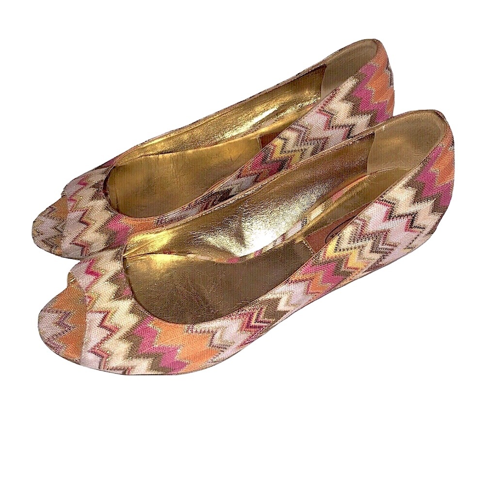 MISSONI 🧡 Orange Label🏷 Peep Toe Gold Heels Sz 7